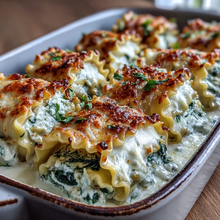 Baked Garlic Butter Lasagna Roll-Ups drizzled with garlic butter sauce, paired with crusty bread for serving.