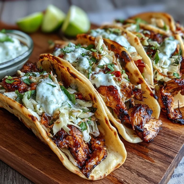 Honey Garlic Naan Chicken Tacos on a plate with lime wedges and cilantro.