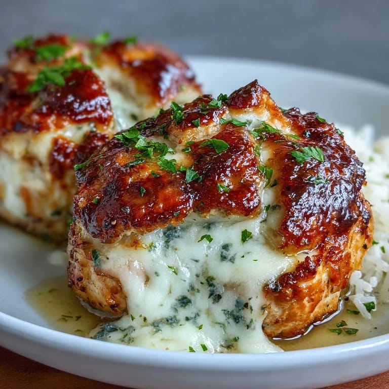 Golden baked Garlic Parmesan Chicken Stuffed Peppers served on a white plate, melty cheese topping and herbs.