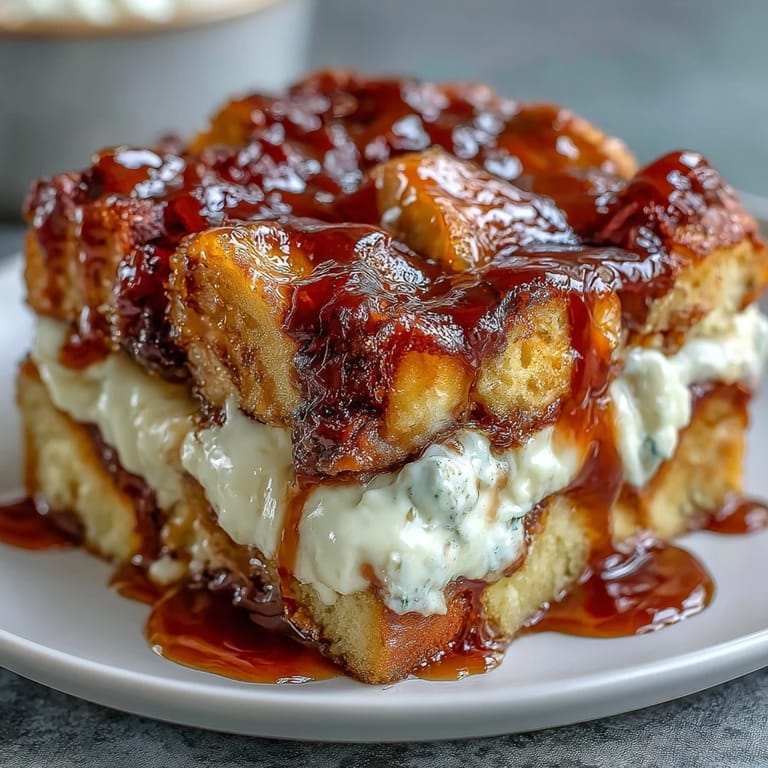 A rich slice of Caramel Cream Cheese French Toast Casserole served warm, topped with whipped cream and fresh berries for brunch.