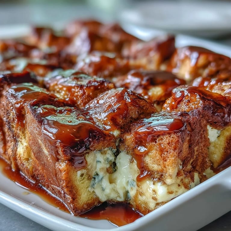 Overnight Caramel Cream Cheese French Toast Casserole baked to golden perfection in a 9x13 dish, ready for a crowd-pleasing breakfast.