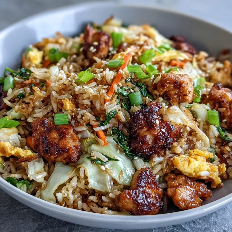 A close-up of Crispy Chicken Fried Rice with Egg Roll Flavors featuring fluffy rice, crunchy cabbage, and savory minced chicken.