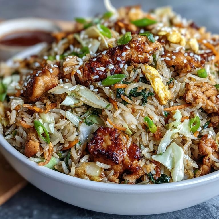 Plate of Crispy Chicken Fried Rice with Egg Roll Flavors topped with crispy onions, ready to enjoy for dinner.