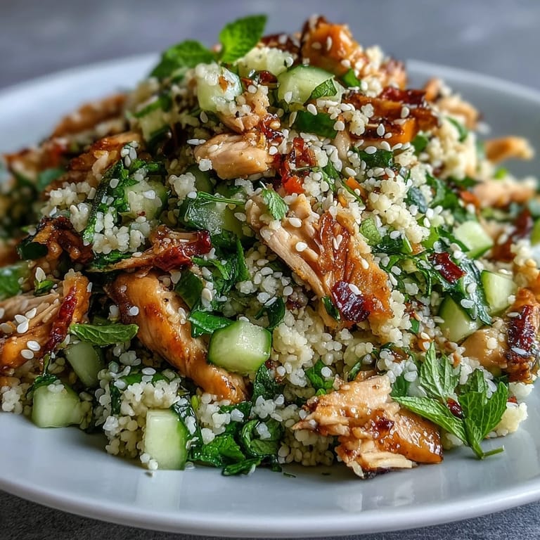 Overhead view of Asian Sesame Chicken Couscous Salad served in a white bowl, showcasing shredded chicken, colorful vegetables, and sesame seed garnish.
