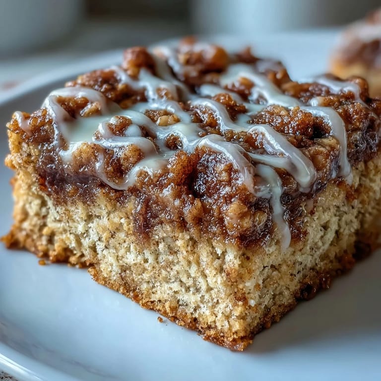 Delicious High-Protein Cinnamon Swirl Coffee Cake Oats with a gooey cinnamon center, drizzled with maple syrup in a cozy kitchen.