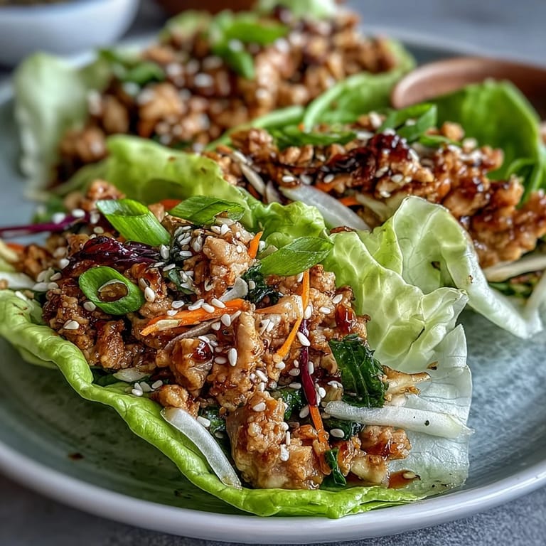 Ground chicken filling with crispy, caramelized edges served in lettuce boats, topped with shredded carrots and sesame seeds.