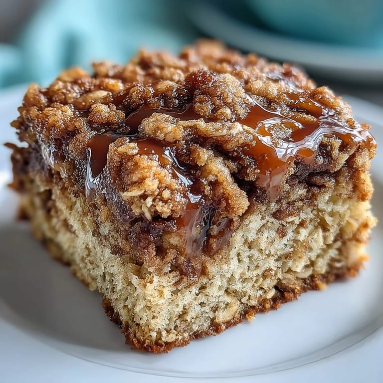 A warm slice of High-Protein Cinnamon Swirl Coffee Cake Oats served with fresh berries and a dollop of yogurt.