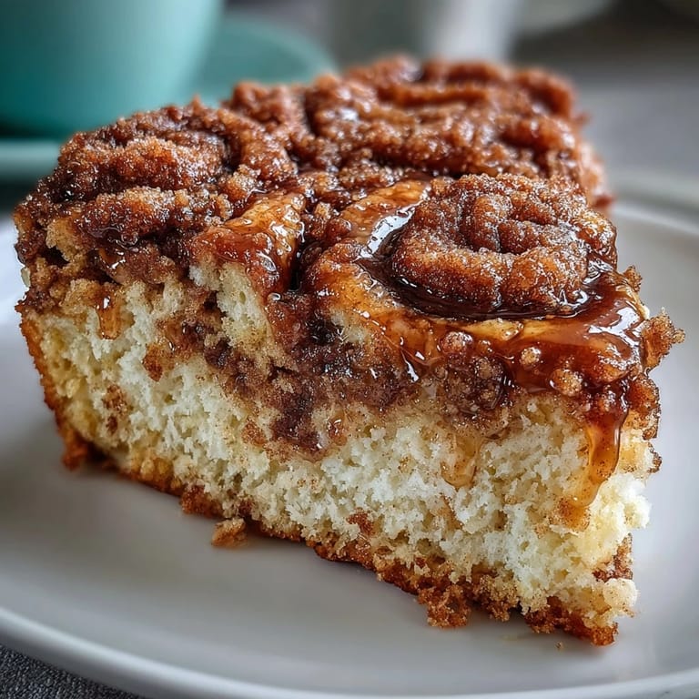 Delicious High-Protein Cinnamon Swirl Coffee Cake Oats with a gooey cinnamon center, drizzled with maple syrup in a cozy kitchen.