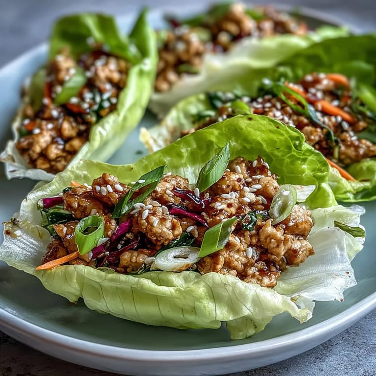 Ground chicken filling with crispy, caramelized edges served in lettuce boats, topped with shredded carrots and sesame seeds.