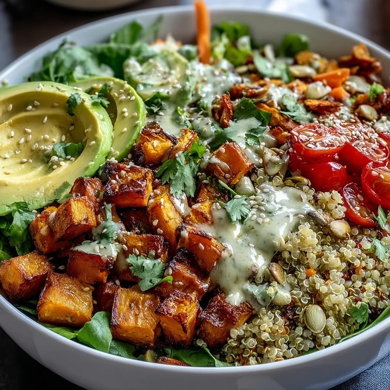 Healthy grain bowl layered with brown rice, baked tofu, crisp cucumbers, cherry tomatoes, and a drizzle of soy-ginger dressing.