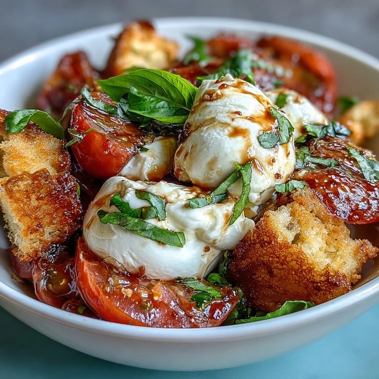 Elegant Caprese salad bowl showcasing layers of mozzarella, tomatoes, and basil, finished with a tangy balsamic drizzle.