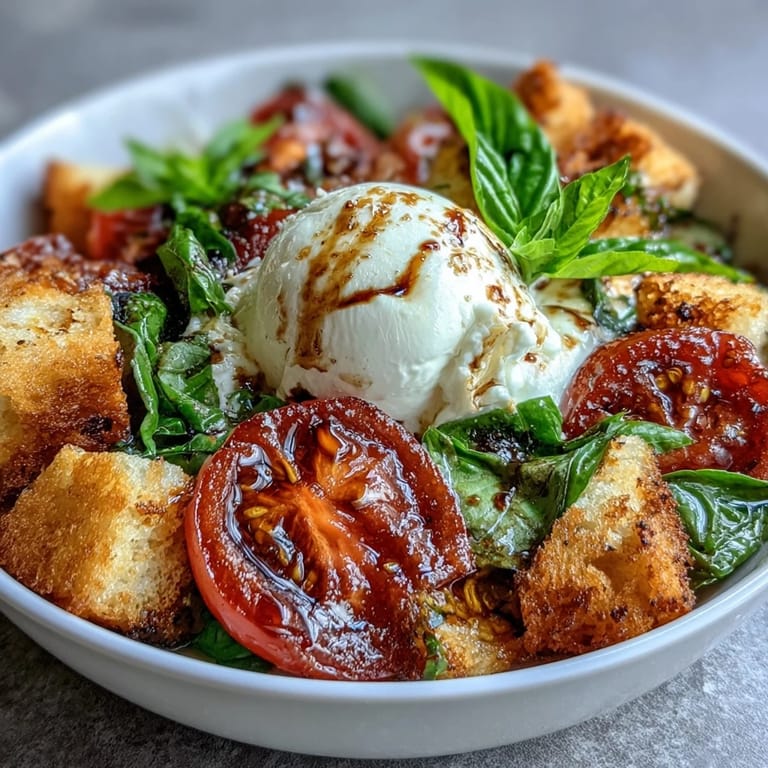 Hearty Caprese salad bowl featuring creamy mozzarella, juicy heirloom tomatoes, and crispy bread, perfect for lunch or dinner.