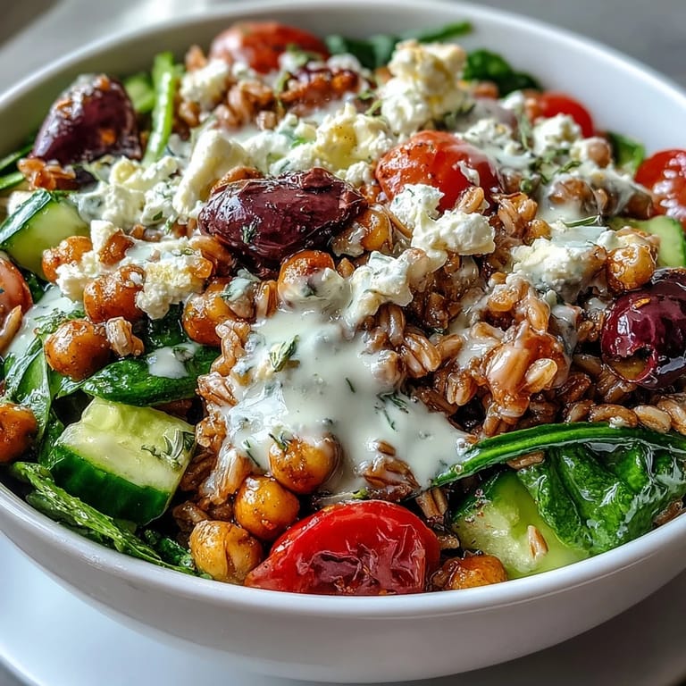 Nutritious Mediterranean Farro Bowl featuring tender farro, fresh veggies, and savory tahini dressing.