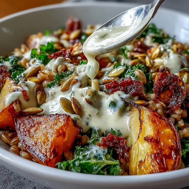 Warm farro and quinoa topped with golden roasted carrots, parsnips, and sweet potatoes, finished with a drizzle of lemon-maple tahini sauce.