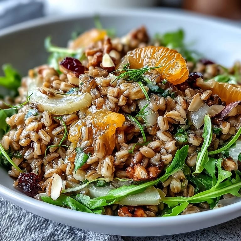 Hearty vegetarian farro salad bowl with vibrant orange slices, shaved fennel, and crunchy almonds, perfect for a healthy lunch.