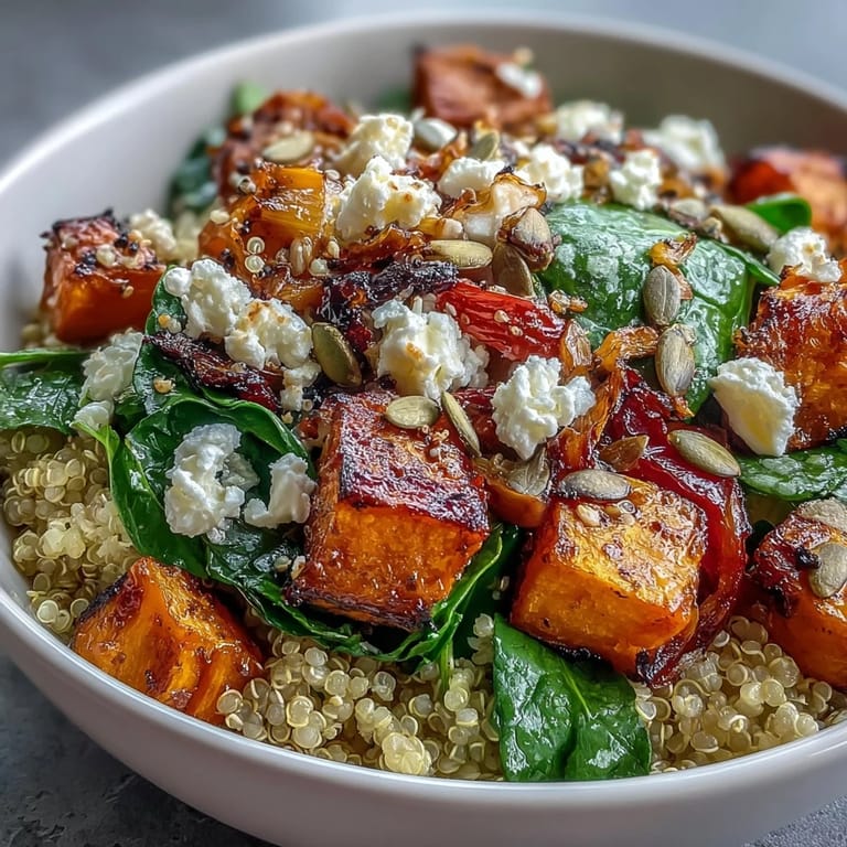 Nourishing Warm Salad Bowl featuring tender roasted sweet potato, bell pepper, and zucchini over baby spinach, finished with a savory warm vinaigrette.