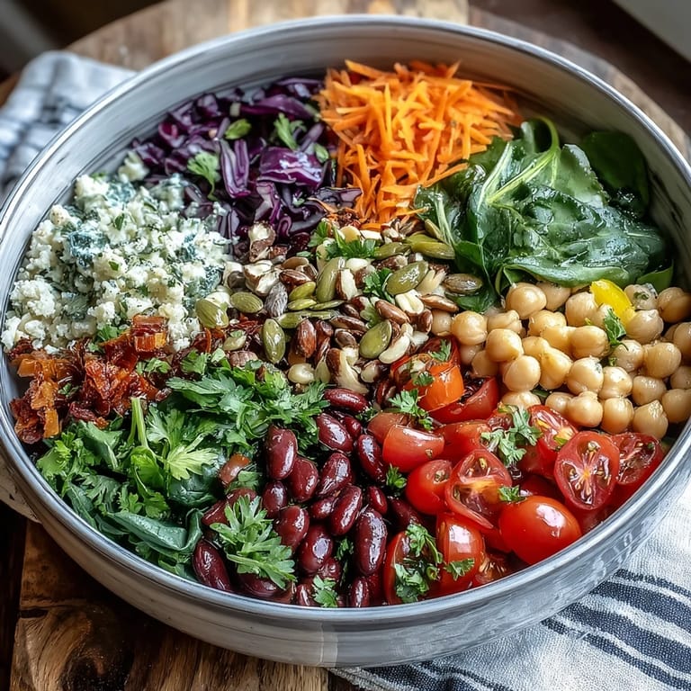 Nutritious rainbow salad bowl layered with grains, beans, seeds, and fresh greens, perfect for a healthy lunch or light dinner.