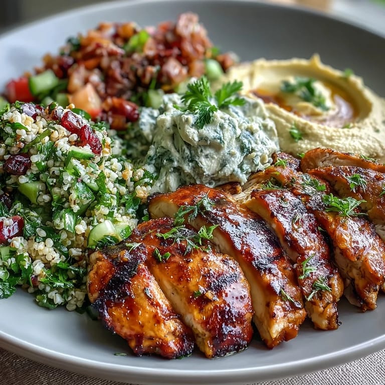 A vibrant Mediterranean feast featuring grilled chicken, smooth hummus, and refreshing tabbouleh, garnished with lemon wedges and fresh herbs.
