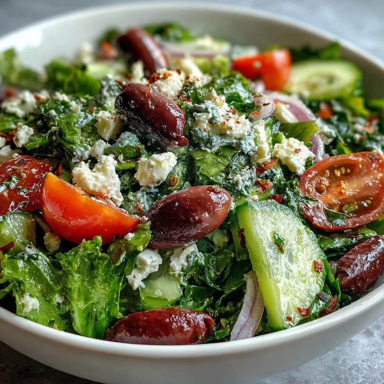 Healthy Mediterranean green salad bowl featuring fresh vegetables, Kalamata olives, and feta, perfect for a light vegetarian meal.