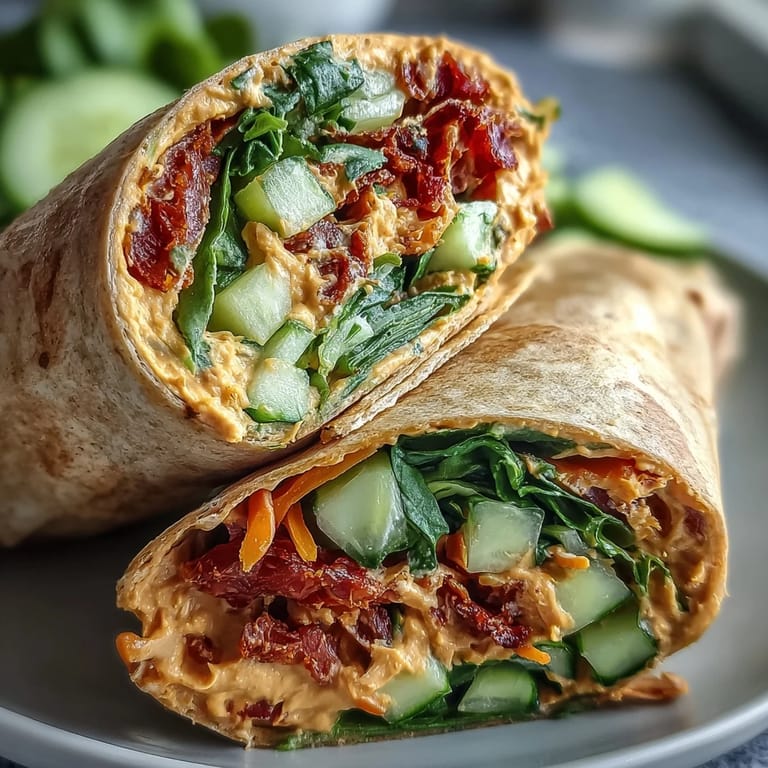 A close-up view of a sliced sun-dried tomato hummus vegetable wrap showing the vibrant layers of spinach, carrots, and peppers.