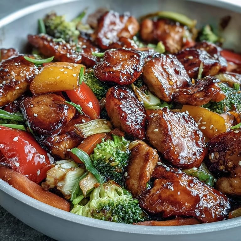 Colorful high-protein chicken and veggie stir-fry served hot, featuring golden chicken, crunchy broccoli, and julienned carrots with aromatic ginger.  