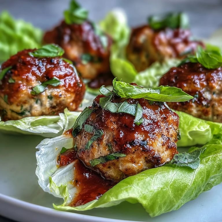 Oven-baked turkey meatballs with Parmesan and herbs, served in romaine leaves and topped with vibrant, simmered marinara sauce.  