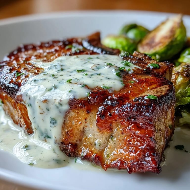 Tender, juicy pork chops seared to perfection and coated in a rich, tangy Dijon mustard sauce, served with golden roasted Brussels sprouts.  