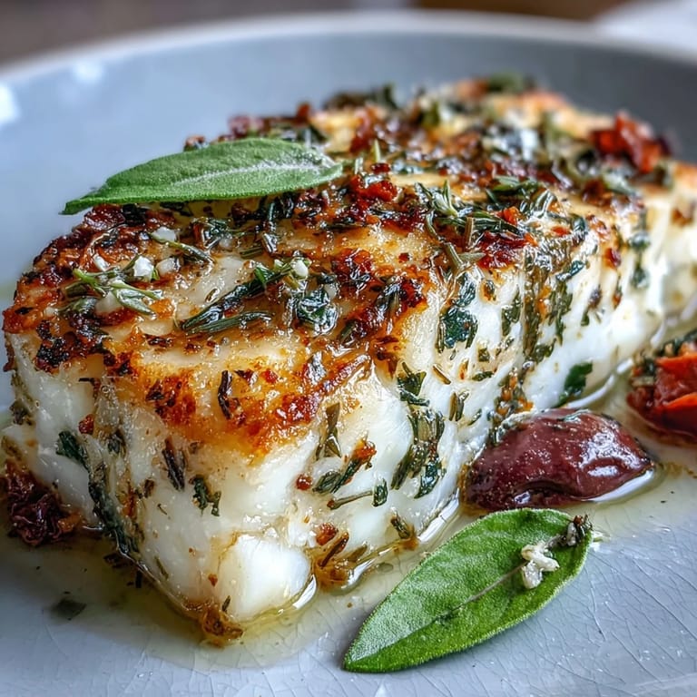 Easy Mediterranean cod dish with flaky fish, colorful tomatoes, garlic, and capers baked together in olive oil, perfect for a light and flavorful gluten-free dinner.