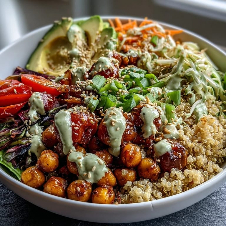 Healthy Buddha bowl packed with colorful veggies, protein-rich chickpeas, and creamy avocado, drizzled with tangy sesame ginger dressing.