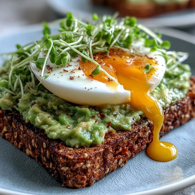 Vibrant avocado toast featuring a perfectly soft-boiled egg, fresh microgreens, and a hint of red pepper flakes for added flavor.