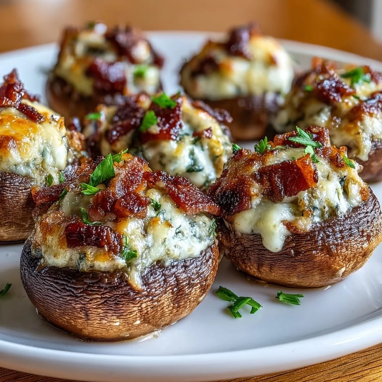 Delicious low-carb appetizer featuring tender mushrooms filled with rich cheese and smoky bacon bits.  