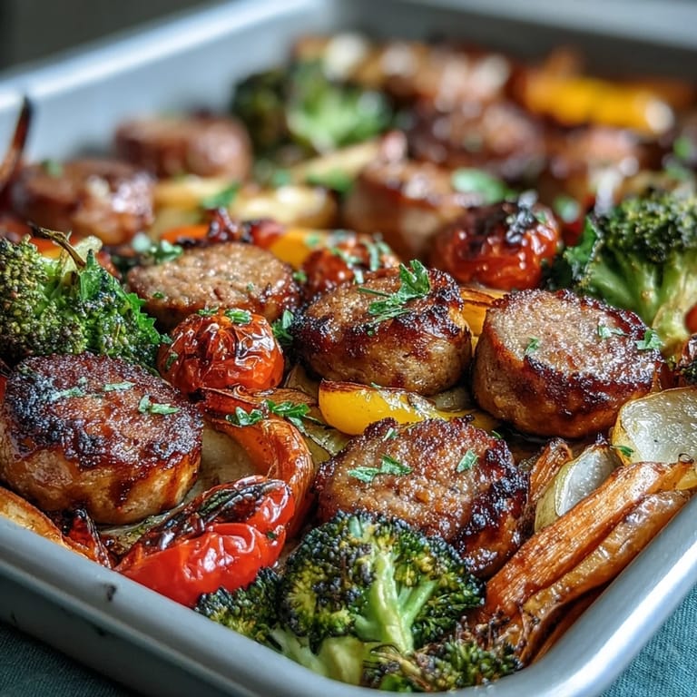 Healthy sheet pan dinner featuring caramelized vegetables and juicy sausage, perfect for busy weeknights.  