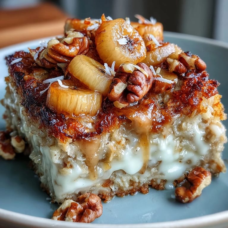 Warm and inviting Vegan Tropical Oatmeal Bake topped with toasted coconut flakes and juicy pineapple chunks.