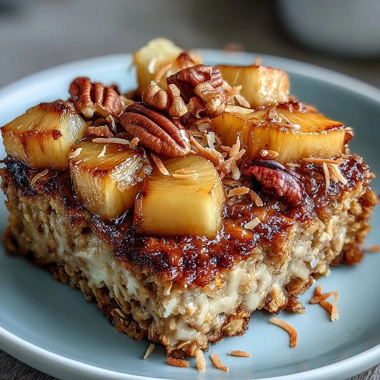 Delicious Vegan Tropical Oatmeal Bake with banana slices and dried mango, perfect for a hearty breakfast.
