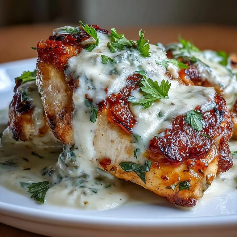 Tender chicken breasts in a rich, smoky poblano cream sauce, paired with golden roasted cauliflower florets for a satisfying low-carb dinner.
