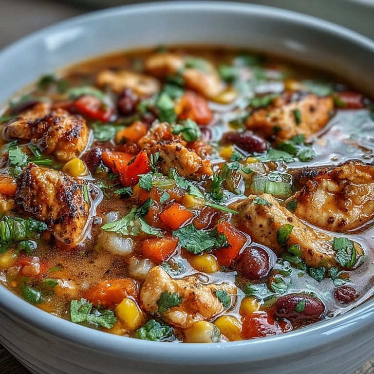 Close-up of high-protein chicken taco soup showcasing tender chicken, black beans, and a rainbow of diced vegetables in every spoonful.