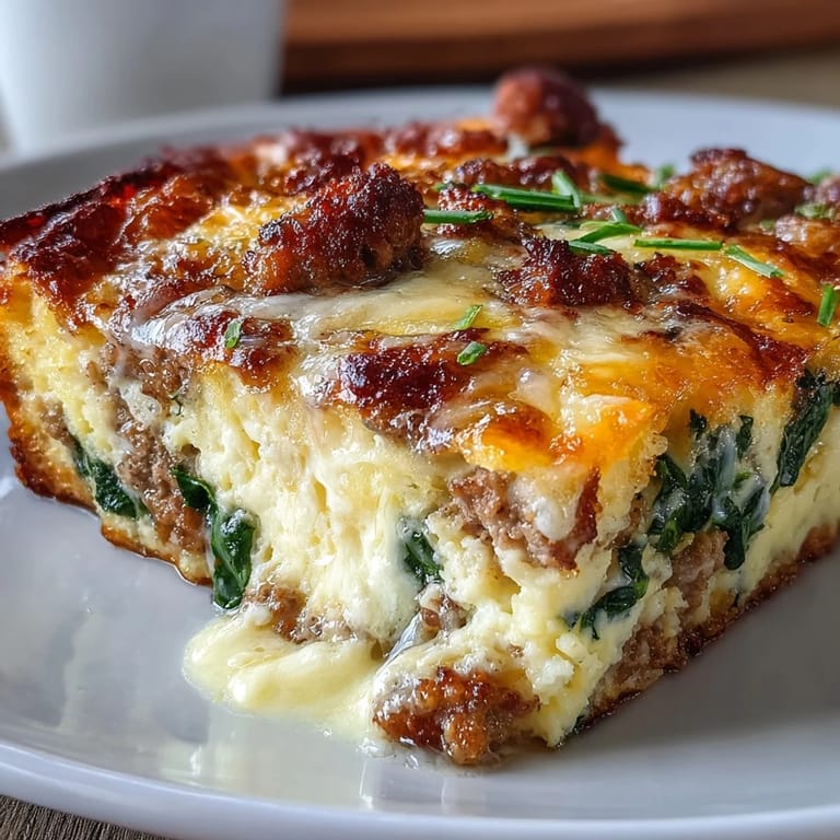 Fluffy baked eggs loaded with savory sausage, fresh spinach, and melted cheddar in a hearty keto casserole.  
