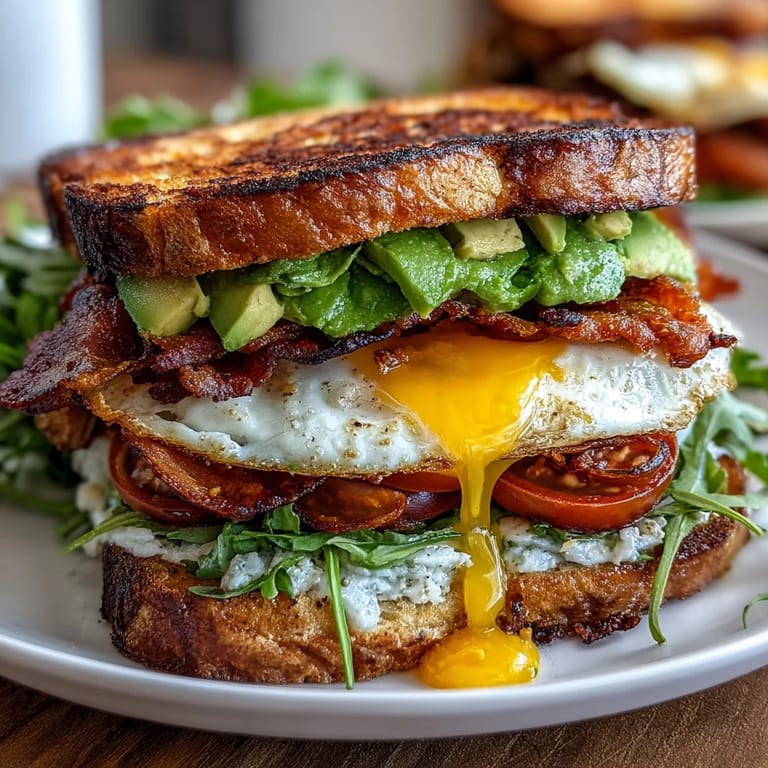 Crispy bacon and creamy avocado on toasted sourdough, topped with mixed greens, juicy tomatoes, and a golden runny egg for a satisfying breakfast.