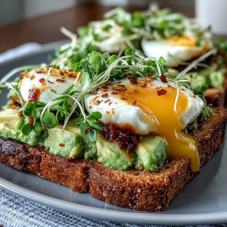 Light avocado egg toast artfully arranged with microgreens, chili flakes, and a drizzle of olive oil for a nourishing breakfast.