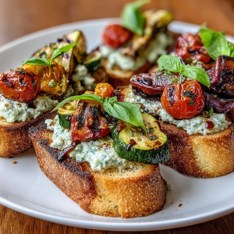 Crispy baguette slices layered with herbed ricotta and smoky, charred vegetables for a fresh and flavorful vegetarian crostini appetizer.