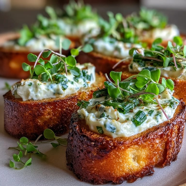 Creamy herbed cheese spread generously layered on golden crostini, garnished with vibrant herbs and edible flowers for a festive appetizer.