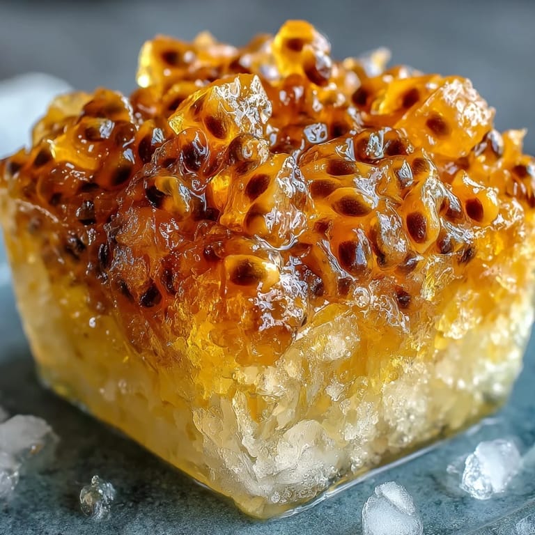 Fluffy passionfruit granita served in chilled glasses, combining bright tropical flavor with a light, icy texture that delights the senses.