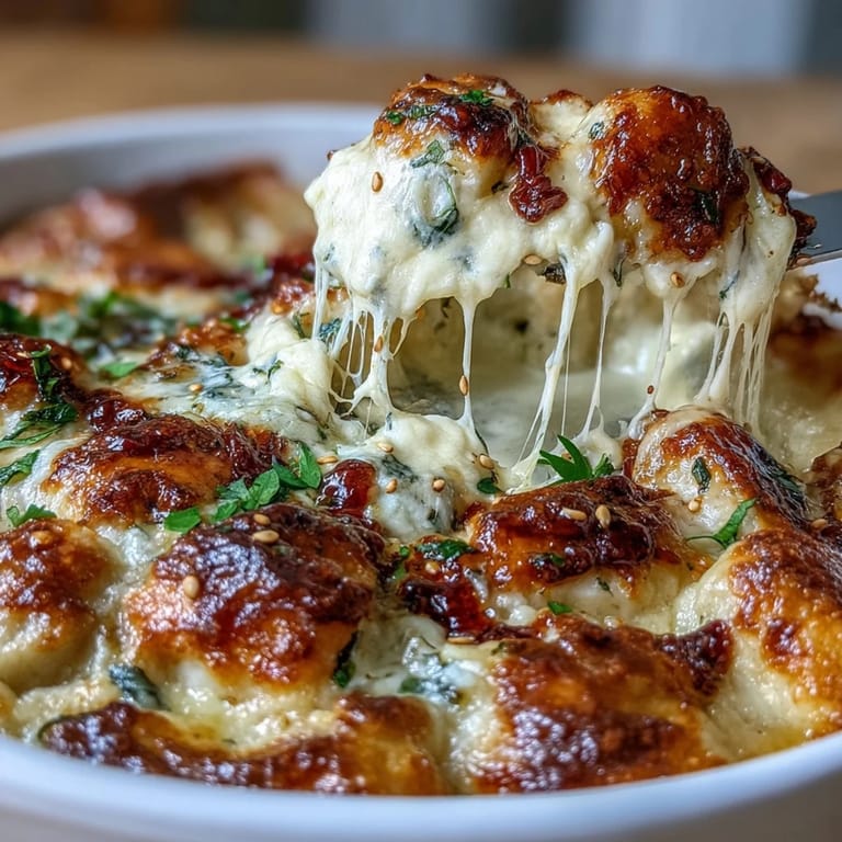 Trader Joes frozen dumplings smothered in a savory garlic cream sauce, topped with gooey cheese and baked to perfection.  