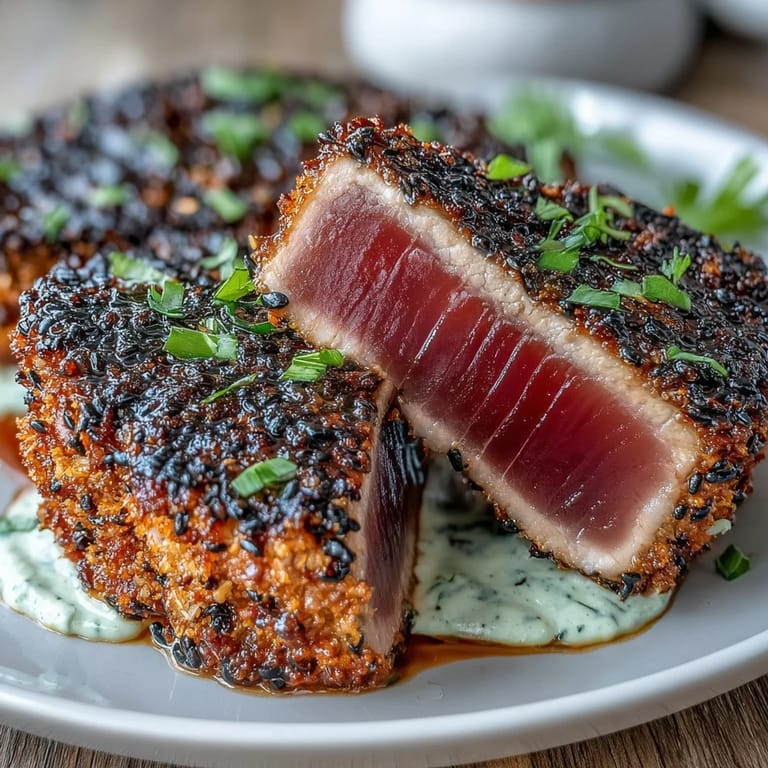Crunchy black sesame crusted tuna steak, pan-seared to perfection, drizzled with zesty wasabi mayonnaise and garnished with scallions.  
