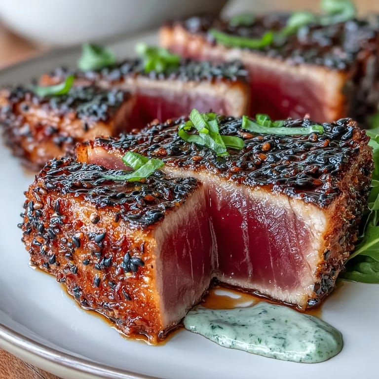 Restaurant-style black sesame crusted tuna, sliced thin and paired with creamy wasabi mayo for a bold Japanese fusion appetizer.