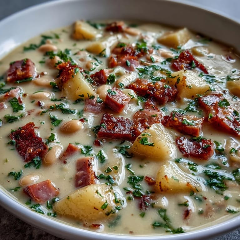 Rich and creamy white bean soup with ham, fresh thyme, and vegetables, served steaming hot in a deep dish.