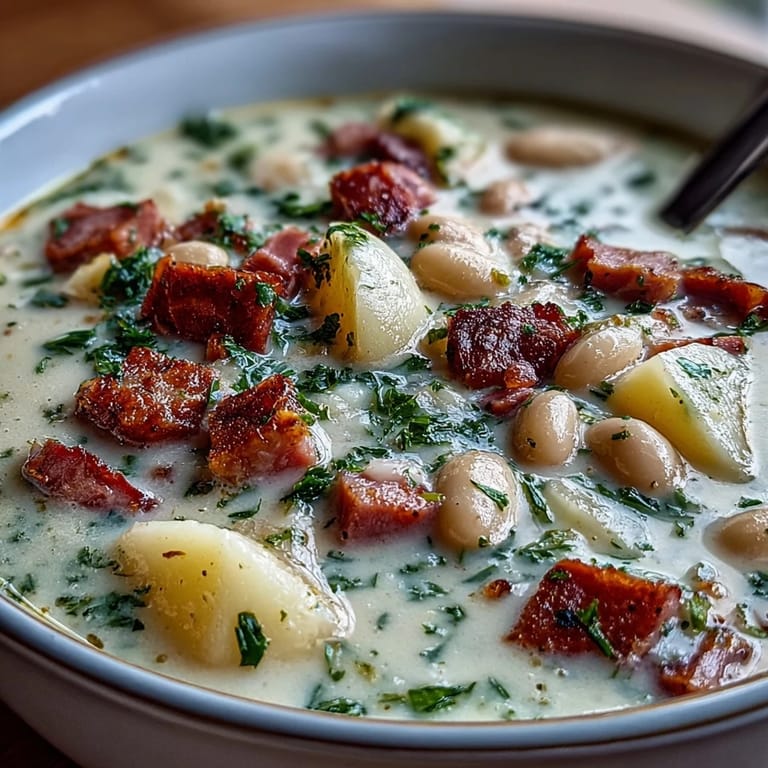 Hearty bowl of Creamy Ham and White Bean Soup with tender potatoes, white beans, and savory diced ham.