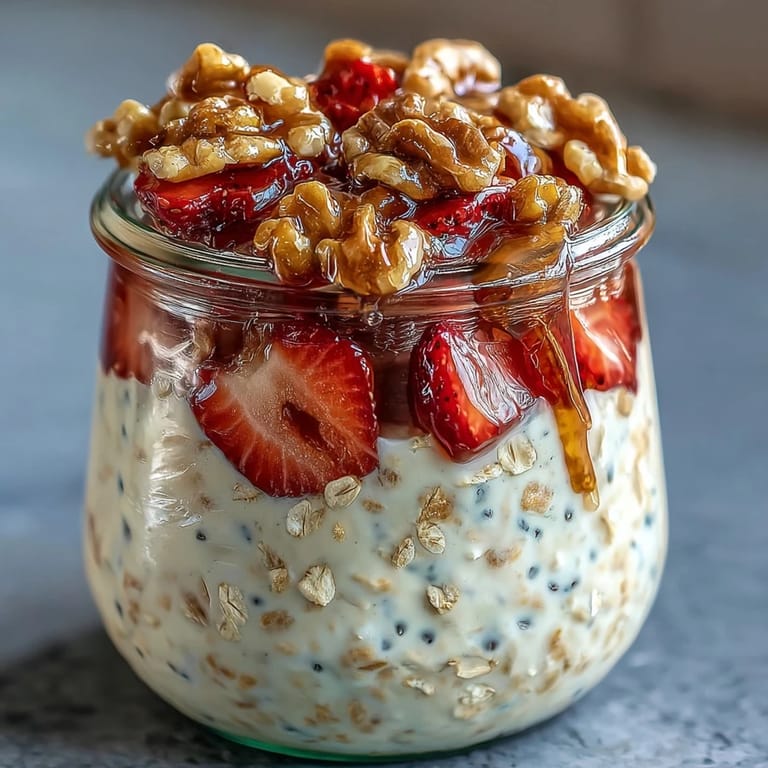 Wholesome jar of strawberry overnight oats topped with golden, maple-glazed candied walnuts and a sprinkle of chia seeds.  
