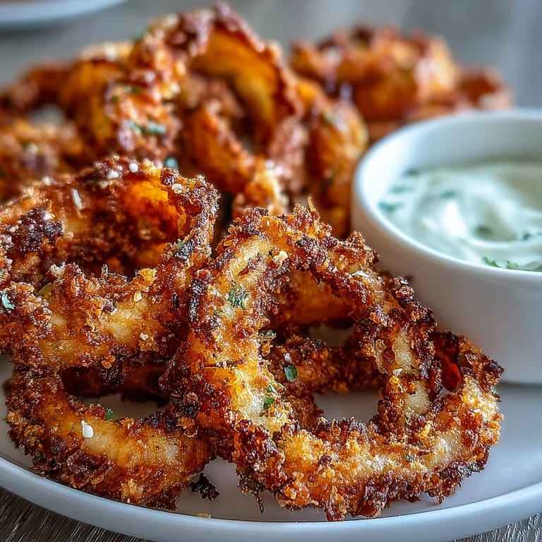 Hot, crispy onion rings straight from the air fryer, perfectly complemented by rich, garlicky aioli sauce.