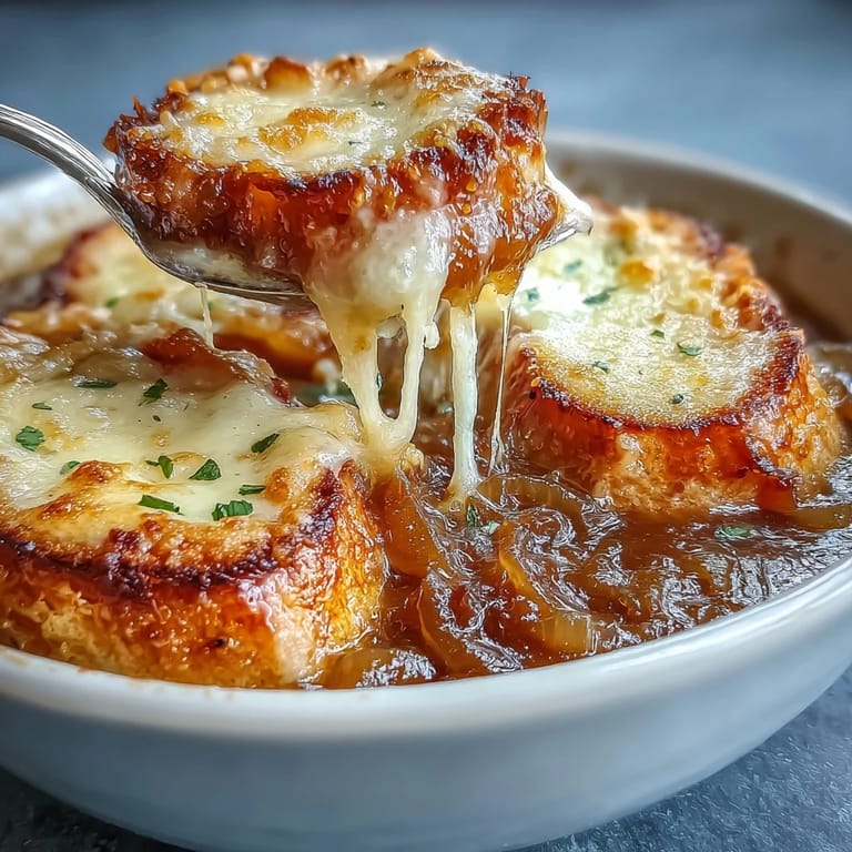 Deeply caramelized onions in savory broth, crowned with bubbly melted Gruyere on toasted sourdough slices for the ultimate comfort dish.  